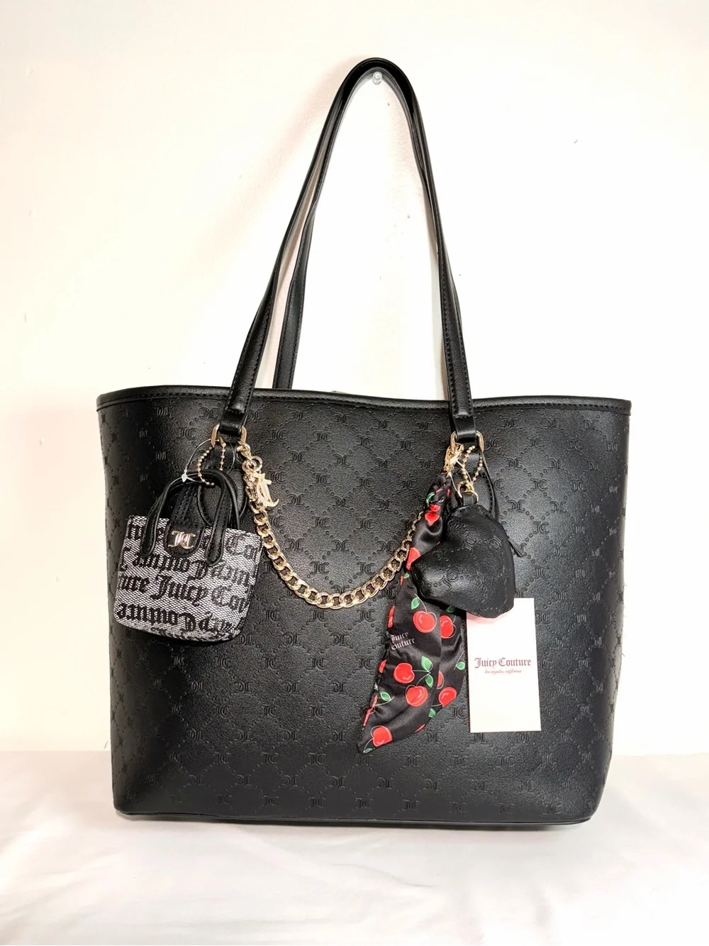 Juicy Couture Black Embossed Large Tote with Charm Chain and Scarf NWT